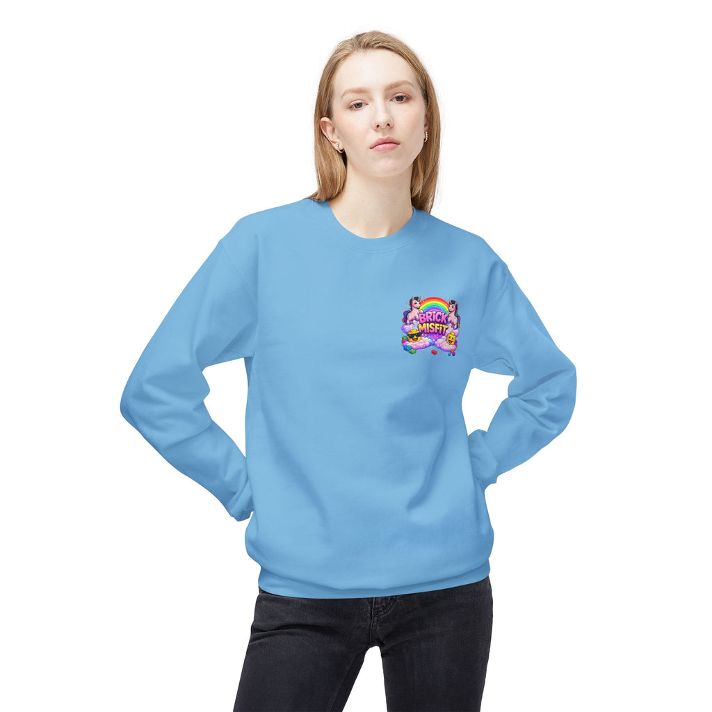 Brick Misfit sweatshirt | Rainbow clouds, kawaii building block character