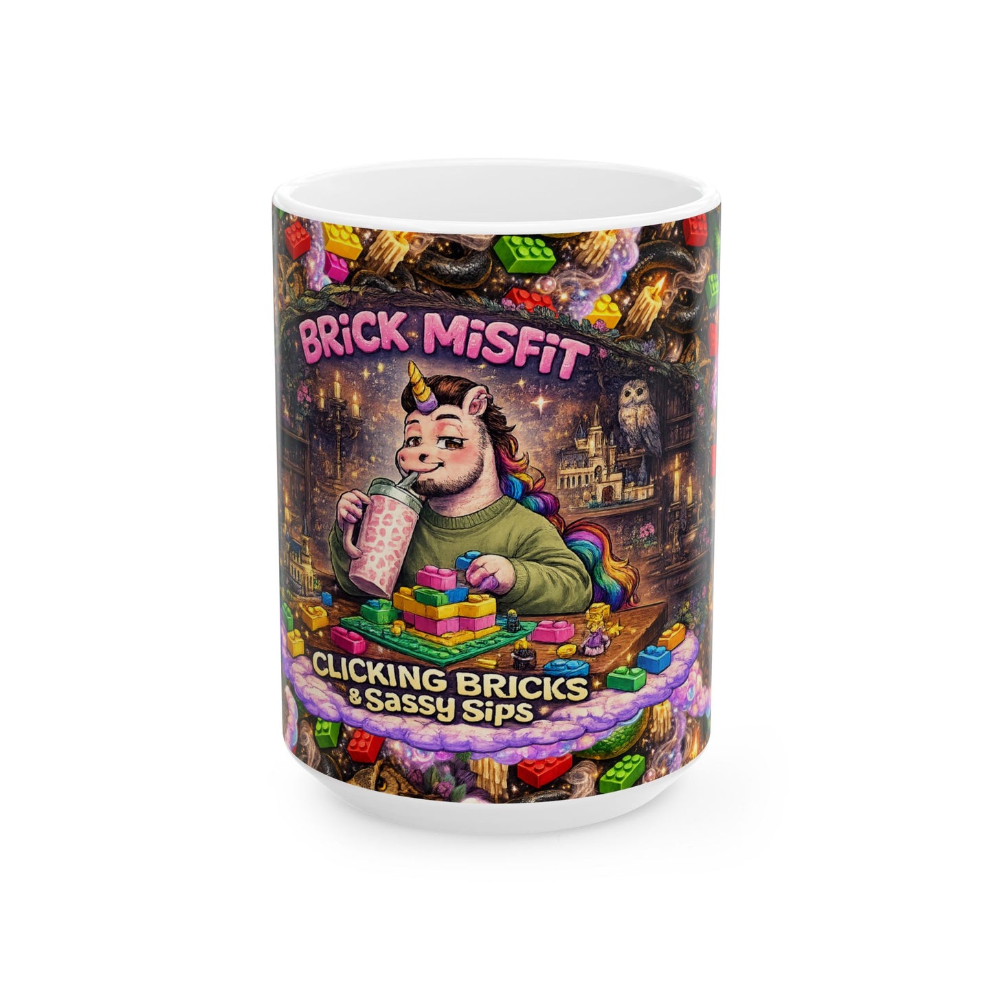 Brick Misfit Ceramic Mug — 'Clicking Bricks & Sassy Sips'  15oz