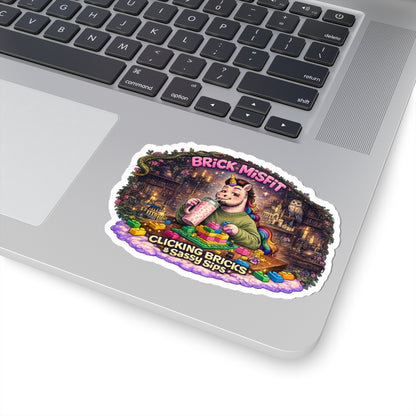 Brick Misfit Sticker — 'Clicking Bricks & Sassy Sips' Cute Unicorn Laptop Decal