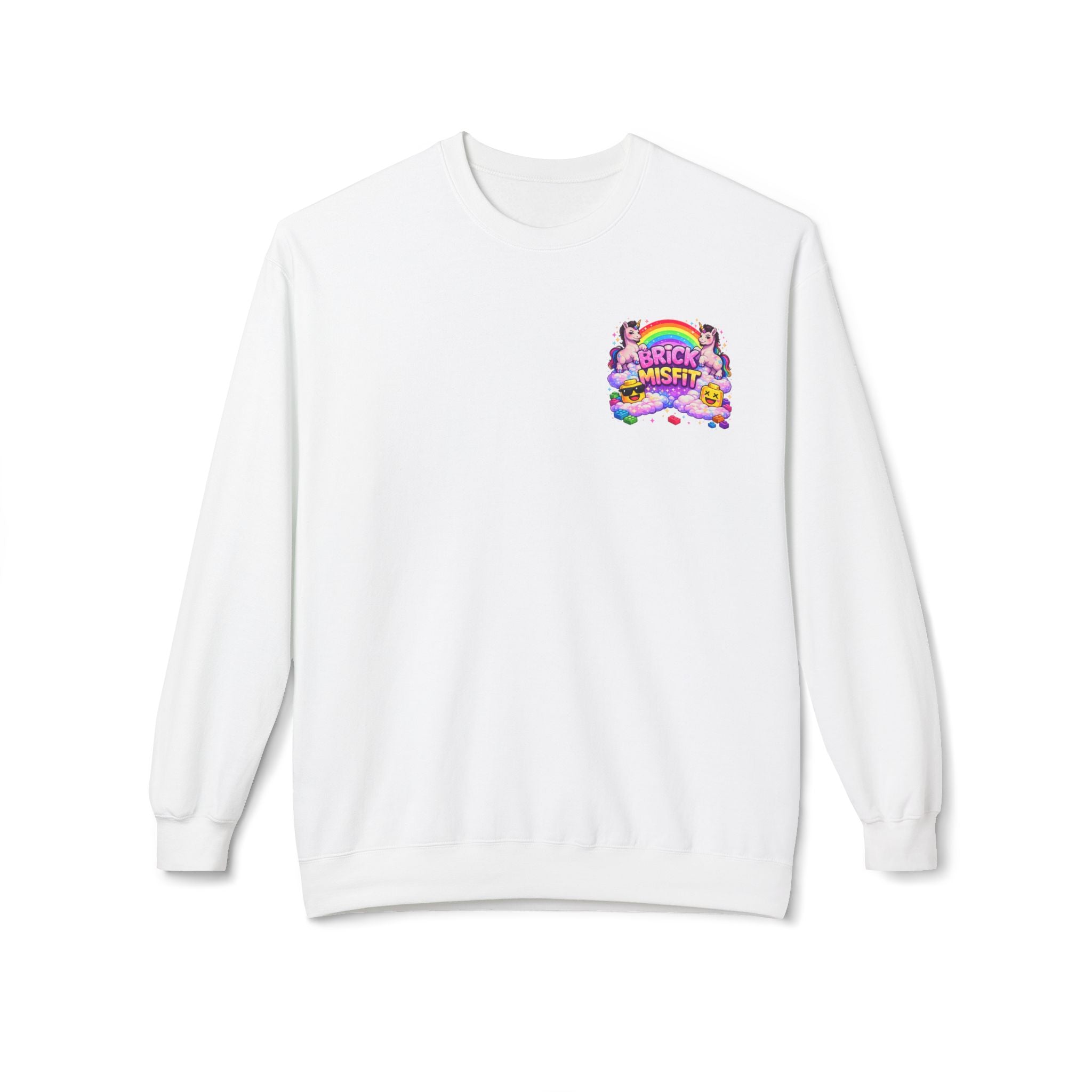 Brick Misfit sweatshirt | Rainbow clouds, kawaii building block character