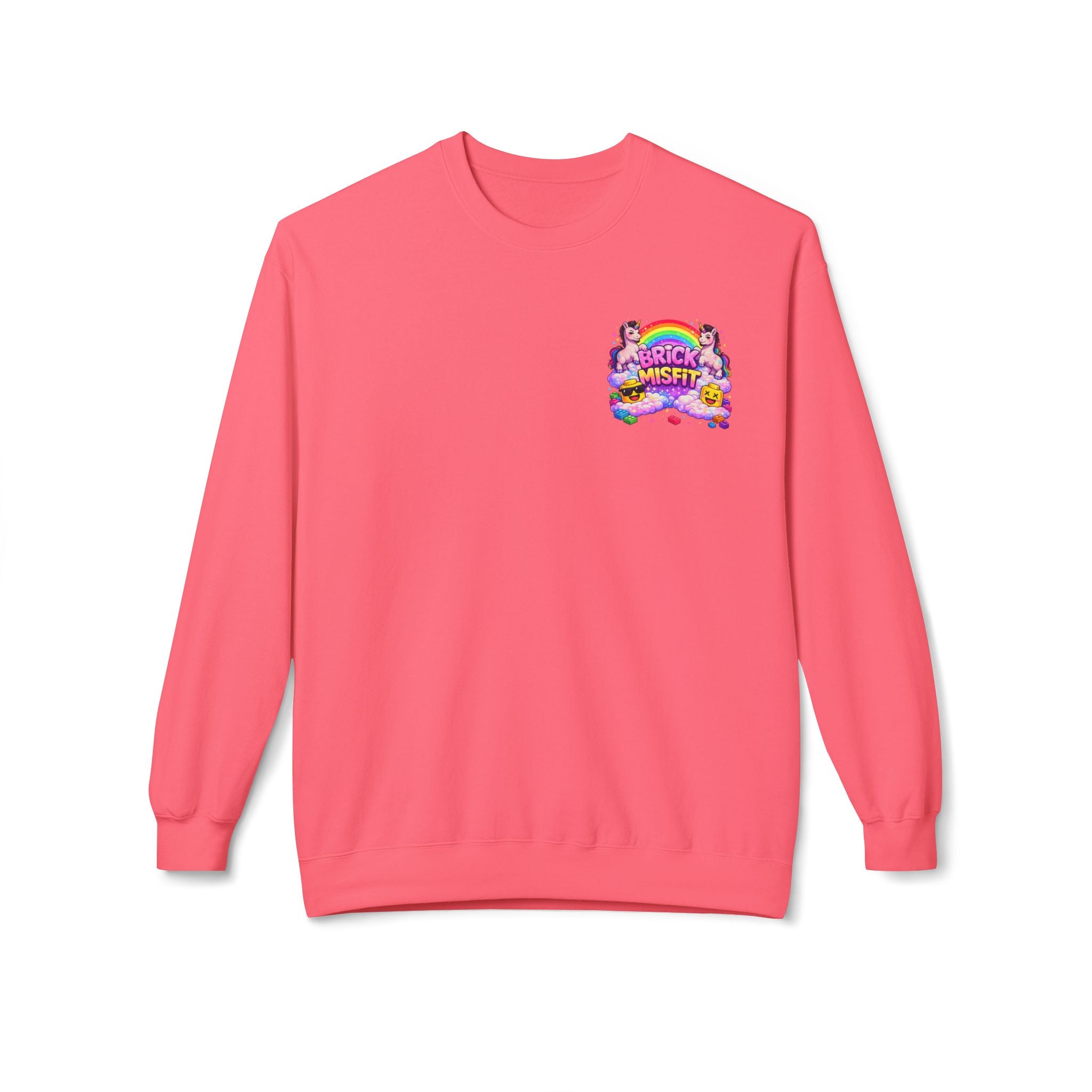 Brick Misfit sweatshirt | Rainbow clouds, kawaii building block character