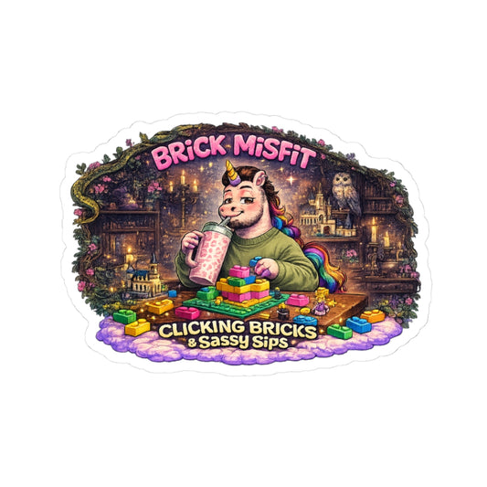 Brick Misfit Sticker — 'Clicking Bricks & Sassy Sips' Cute Unicorn Laptop Decal