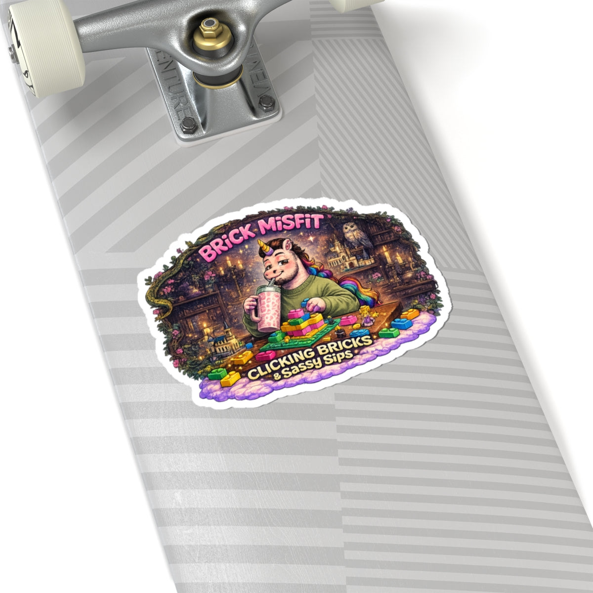 Brick Misfit Sticker — 'Clicking Bricks & Sassy Sips' Cute Unicorn Laptop Decal
