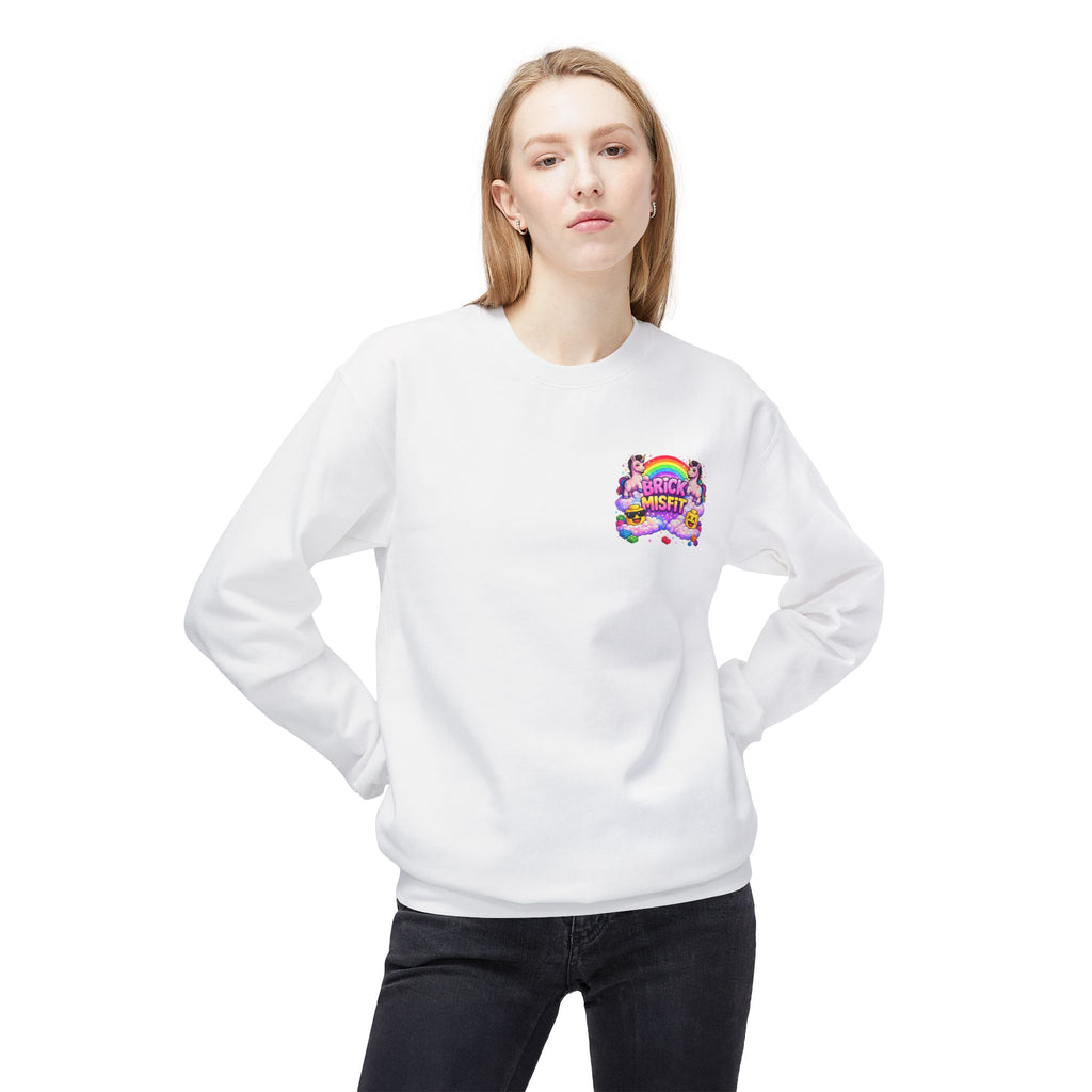 Brick Misfit sweatshirt | Rainbow clouds, kawaii building block character