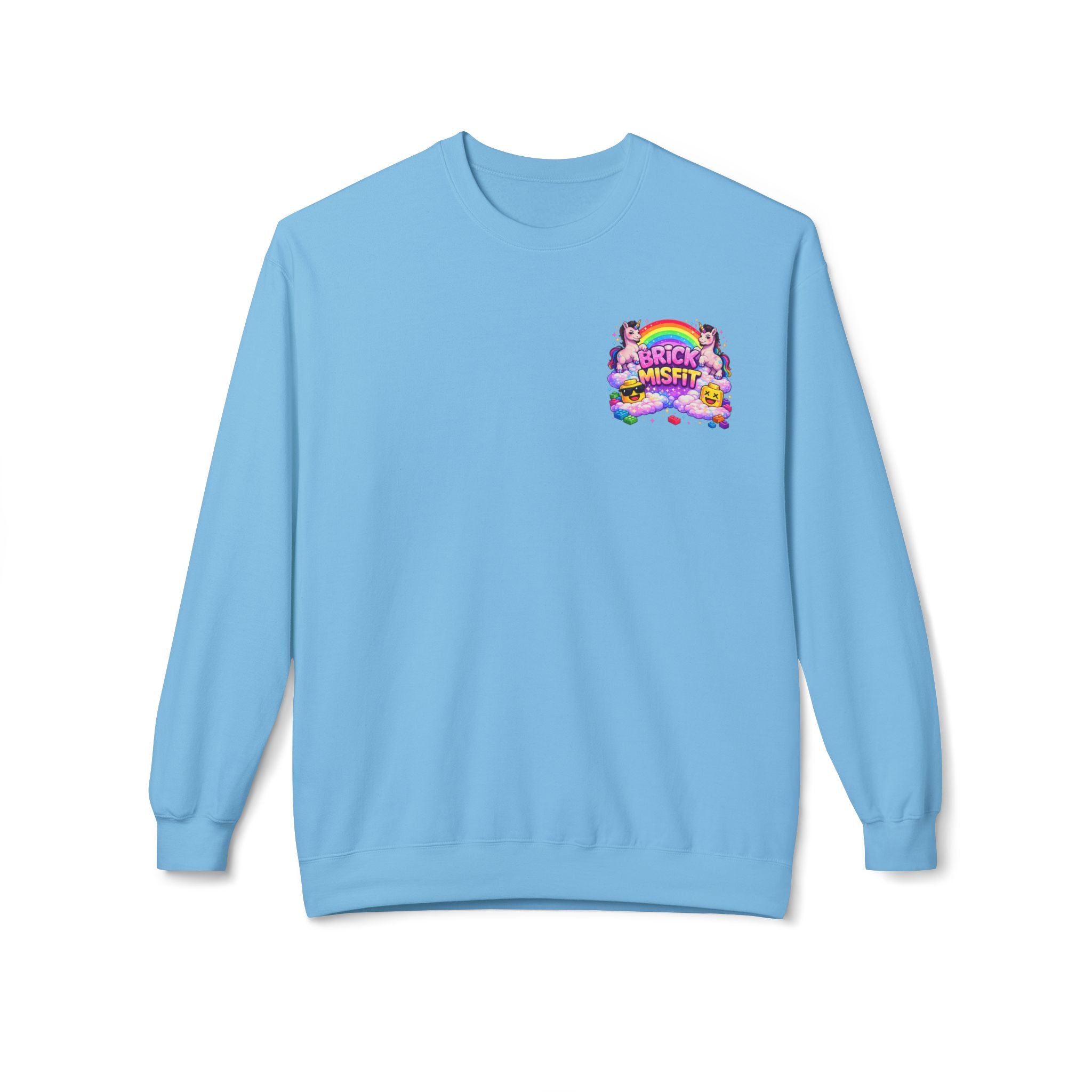 Brick Misfit sweatshirt | Rainbow clouds, kawaii building block character