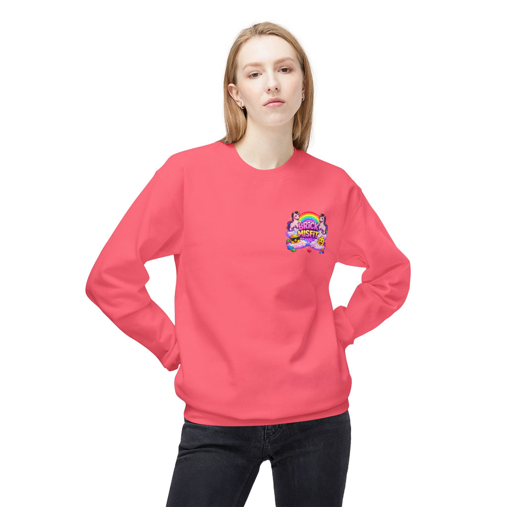 Brick Misfit sweatshirt | Rainbow clouds, kawaii building block character